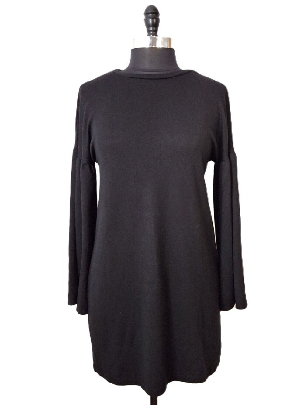 Zara Sz L Knit Flared Long Sleeve Short Shift Dress Minimalist Mod Black Mini